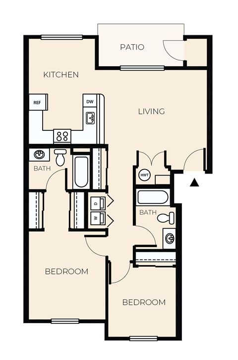 Floor plan for 2 beds, 2 baths, 968 sqft